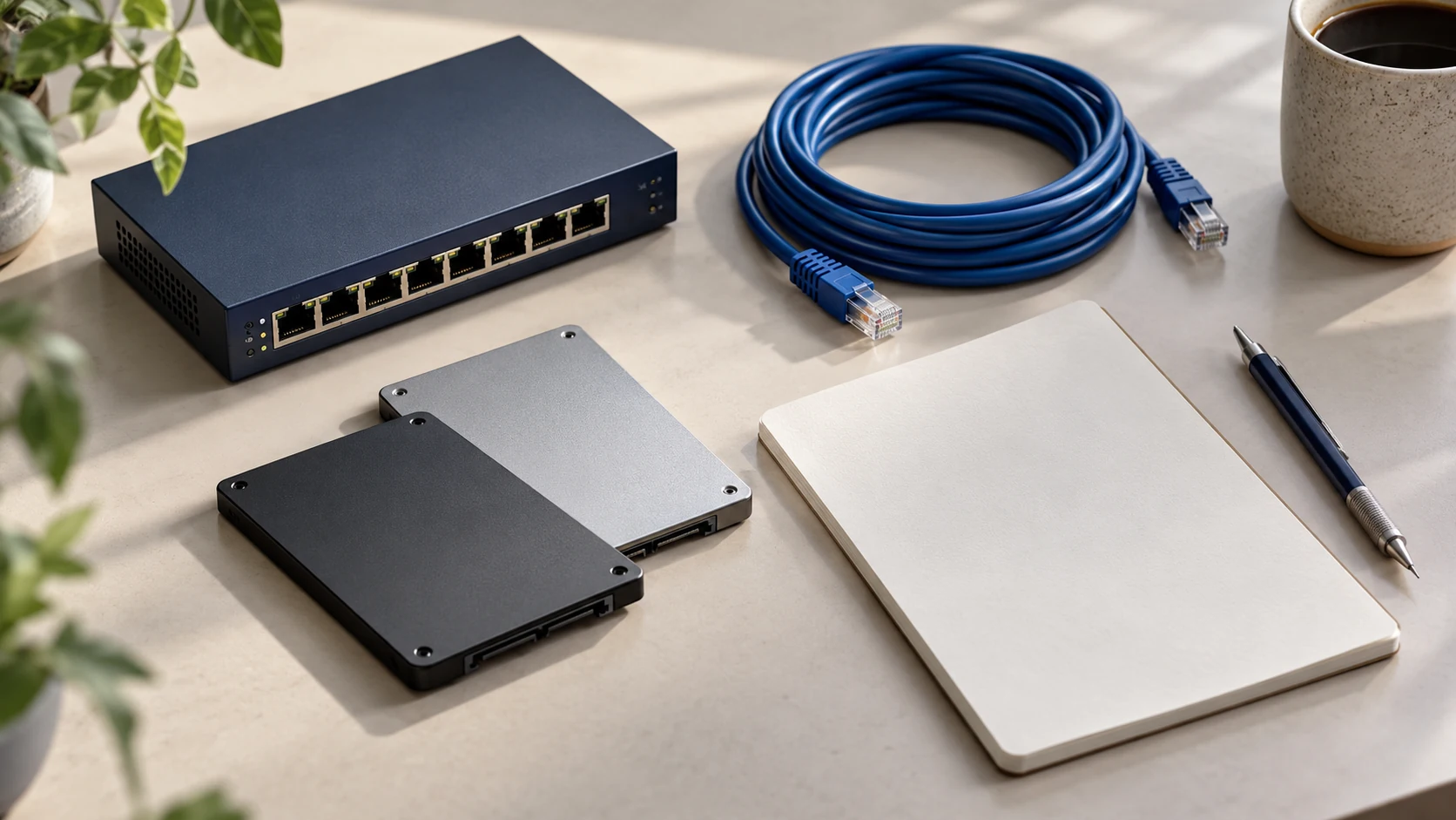 Network equipment and a notebook prepared for a hosting proposal comparison