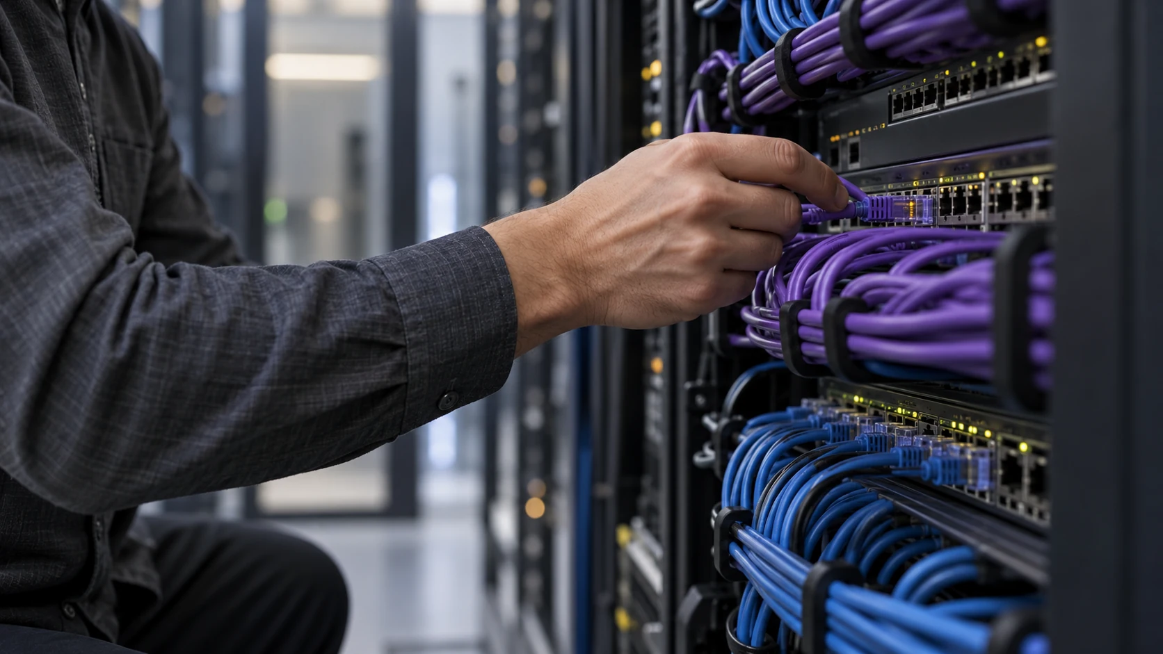 Engineer tracing an Ethernet cable through a patch panel
