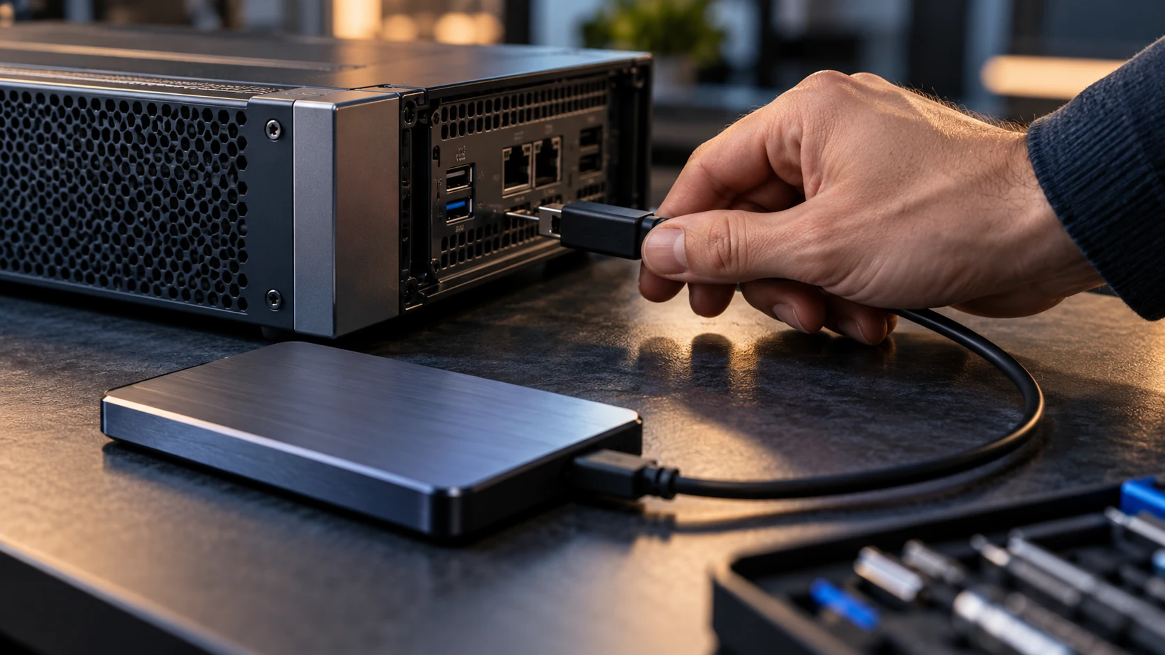 A technician connecting external storage to a test server