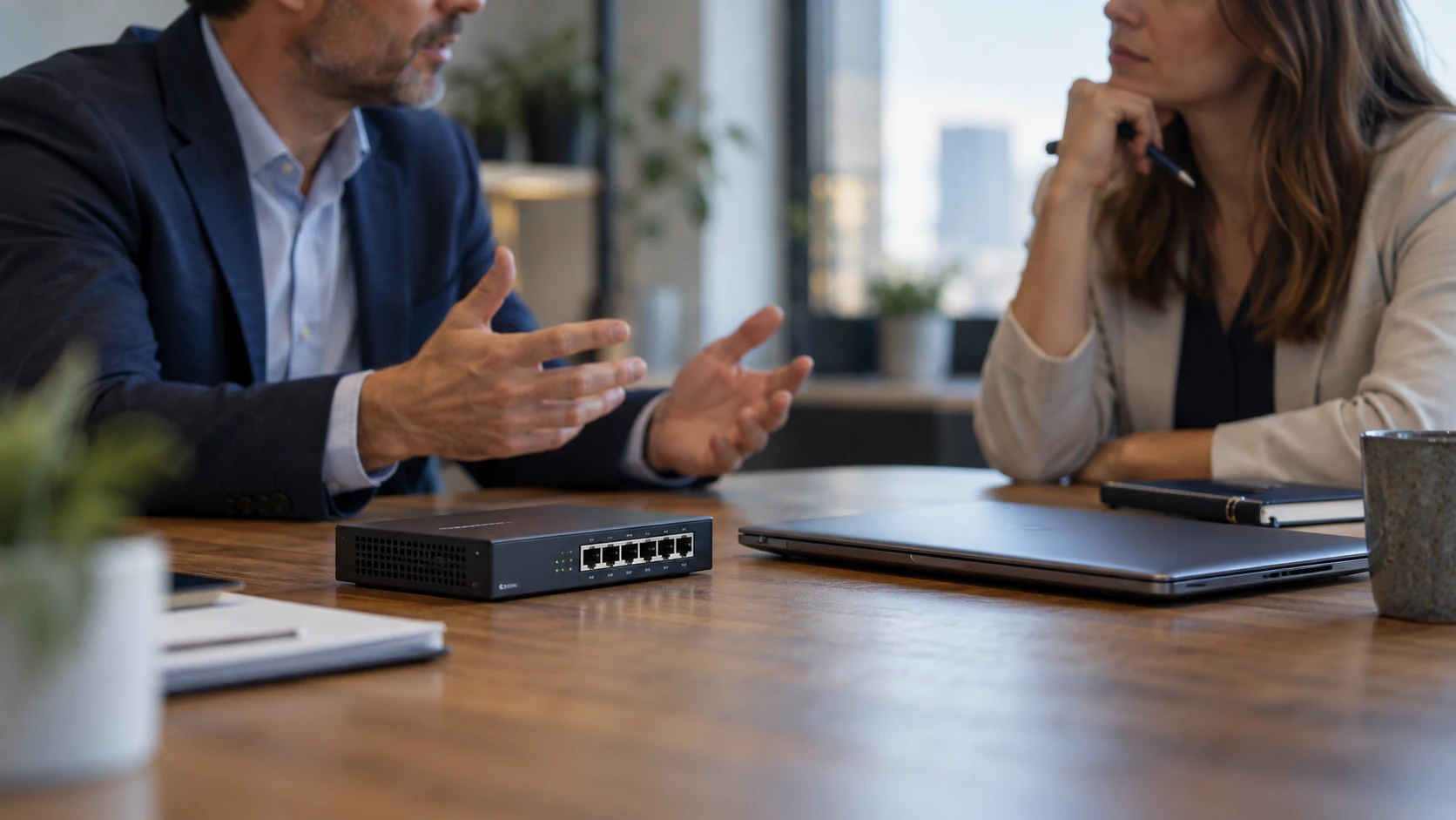 Colleagues discussing responsibility for network equipment