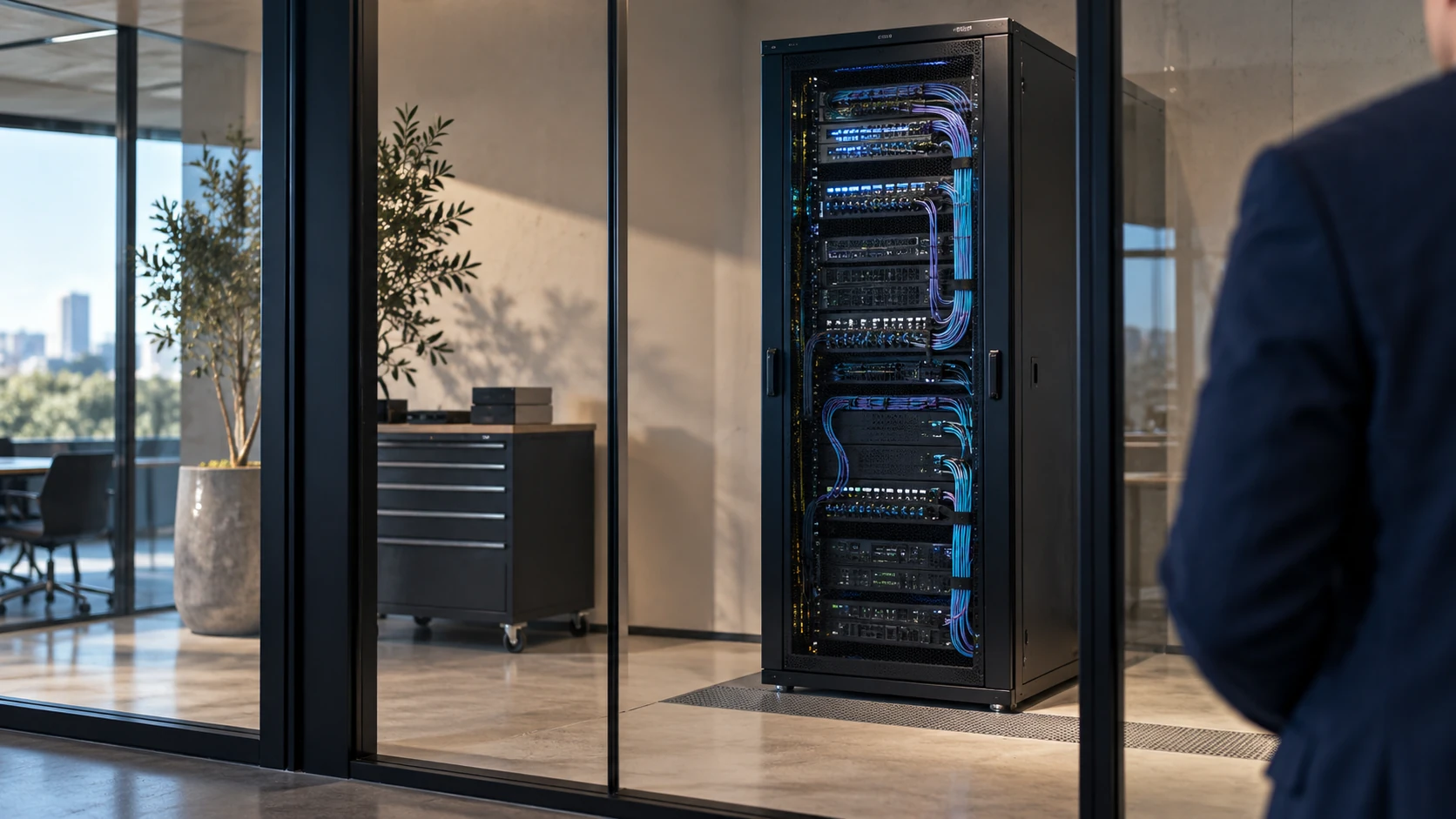 A compact server room sized for a small technology business