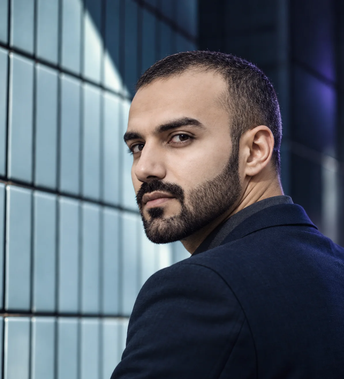 Over-the-shoulder editorial portrait beside glass architecture