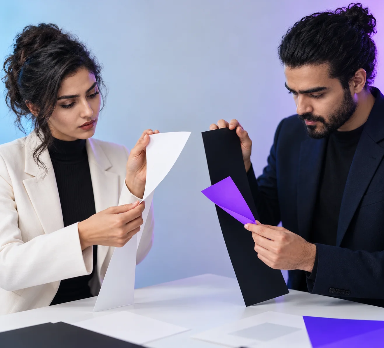 Creative paper collaboration in violet and cyan light