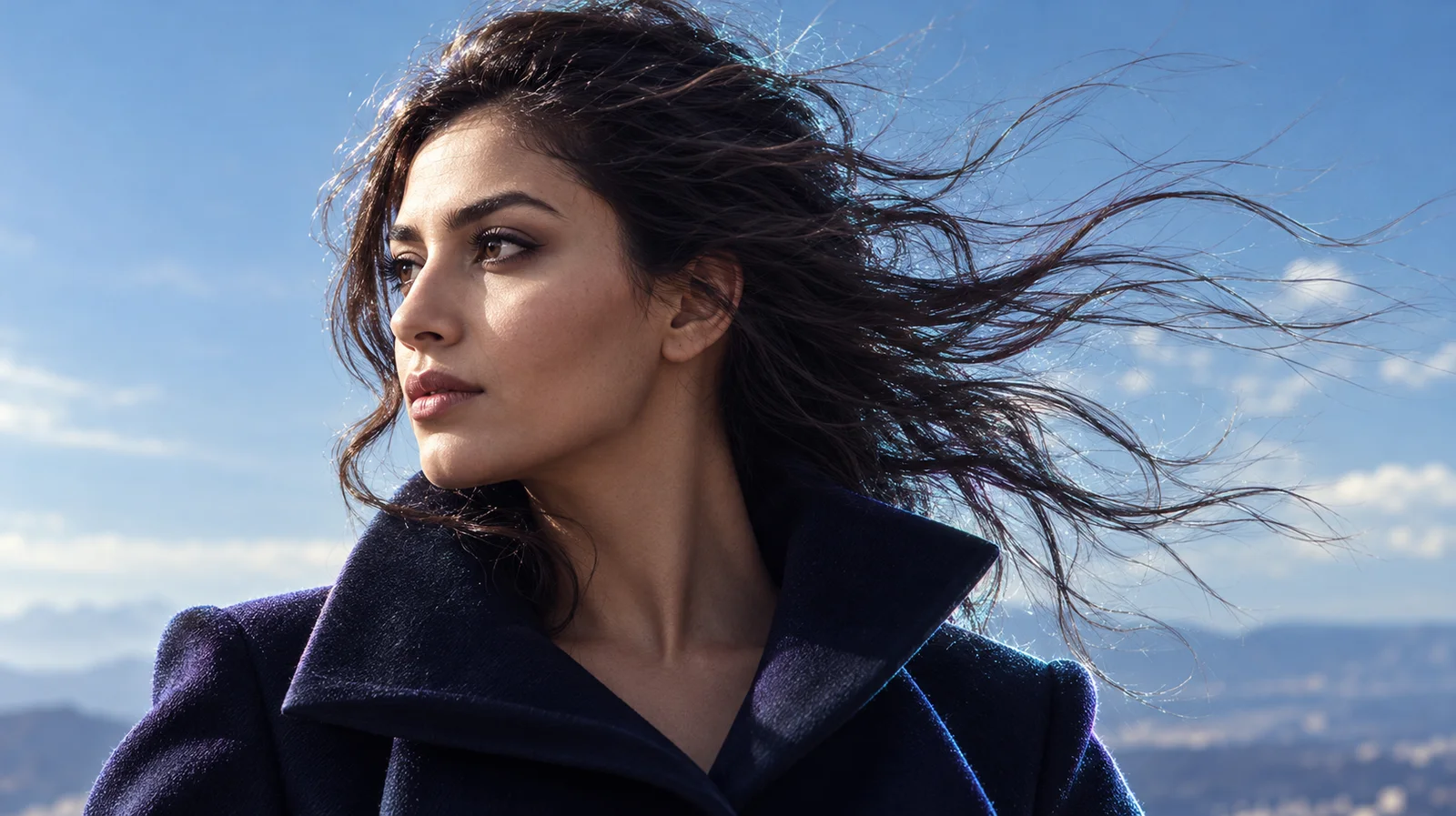 Wind-swept editorial portrait in a navy coat